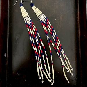 Beaded Long Skinny 6” Fringe Earrings Red & Blue